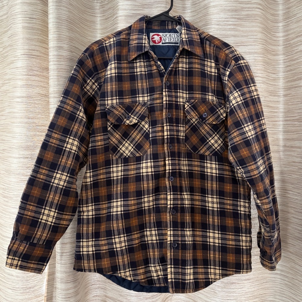 Sports Afield Mens Quilted Flannel Shirt Jacket Brown Plaid Size M RN52469